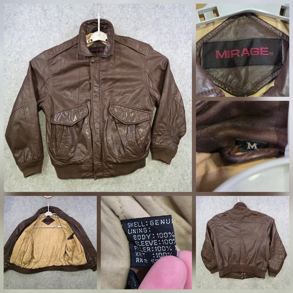 VTG Mirage Jacket Mens Medium Brown Leather Bomber Flight Korea‎ Lined Pockets